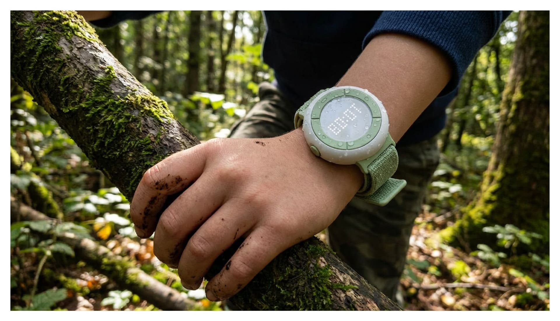 A muddy hand wearing the Kin watch, resting on a moss-covered branch
